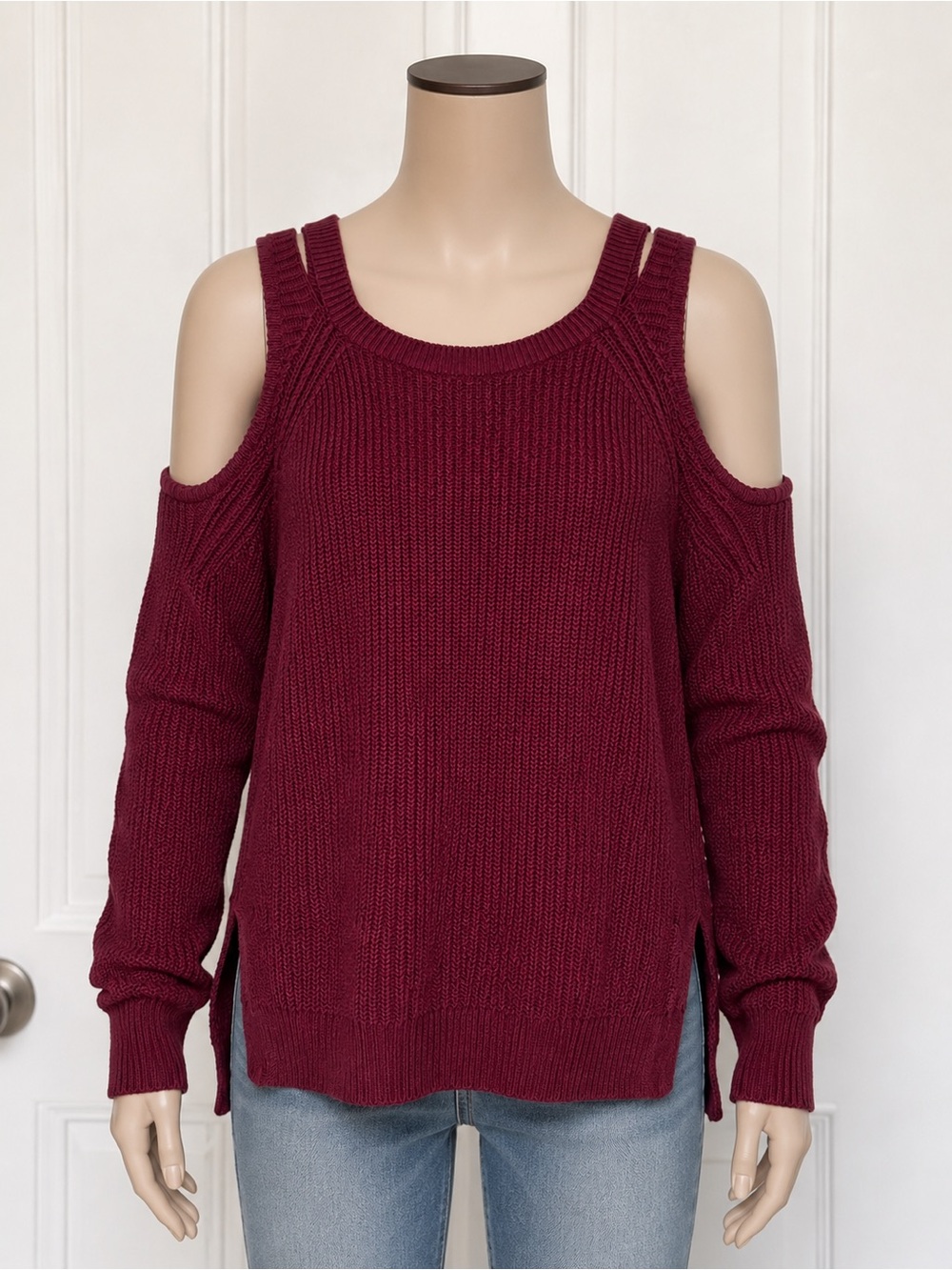 Hollister Burgundy Cold-Shoulder Ribbed Sweater